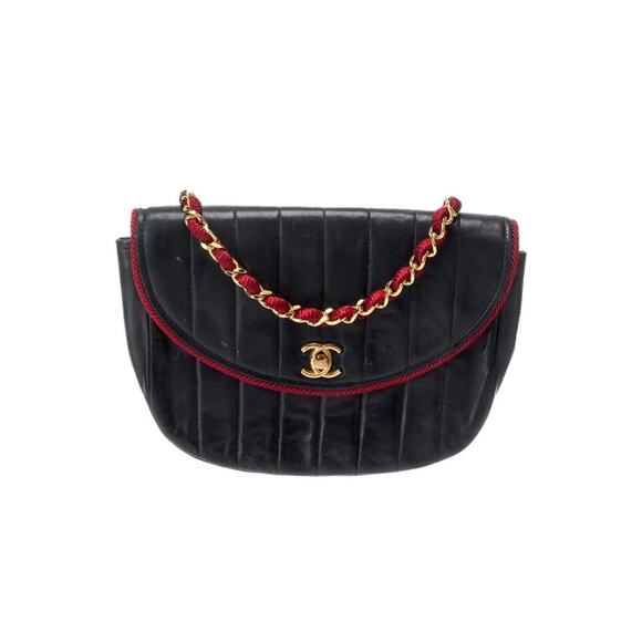 CHANEL Half moon chain Shoulder Bag Lambskin Black Red Trim & Gold Vintage - Picture 1 of 6